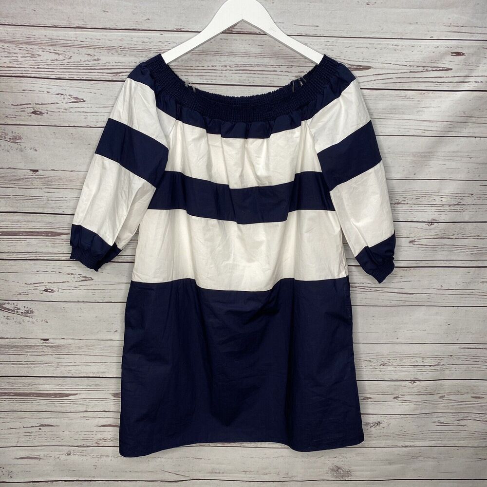 Crown & Ivy Navy Blue White Stripe Shift Dress S Off The Shoulder 3/4 Sleeves